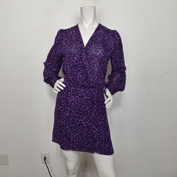 Parker Purple 100% Silk Leopard Print Mobwife Maxamalism Faux Wrap Mini Dress- S - Picture 2 of 15